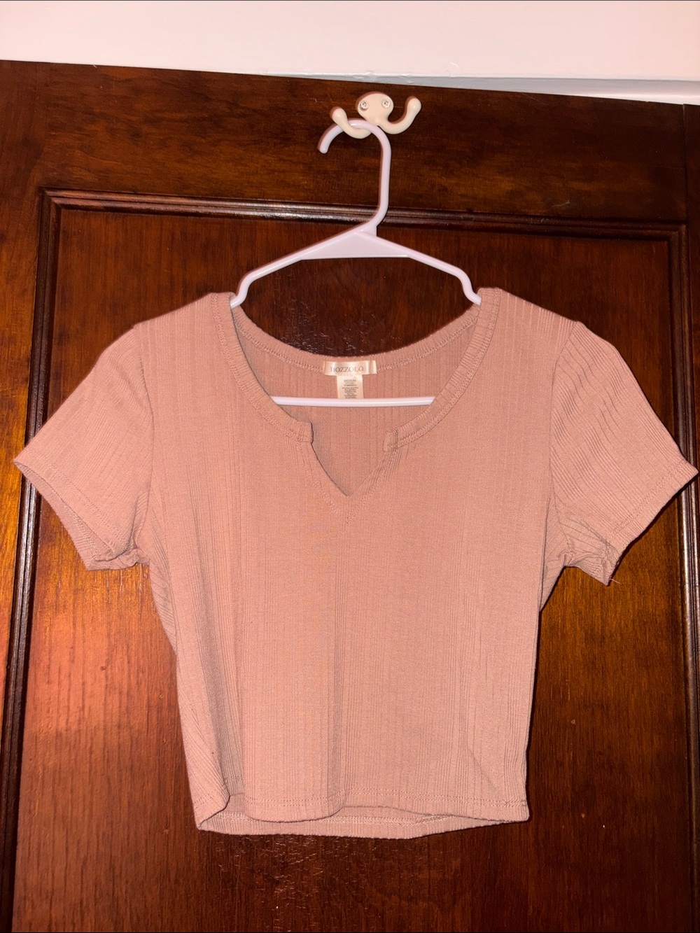 Ribbed Notch-Neck Crop Top - Light Brown